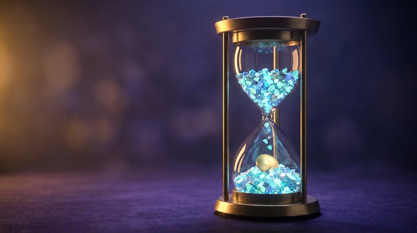A brass hourglass with glowing blue shards falling through it, pooling around a single gold coin in the lower chamber