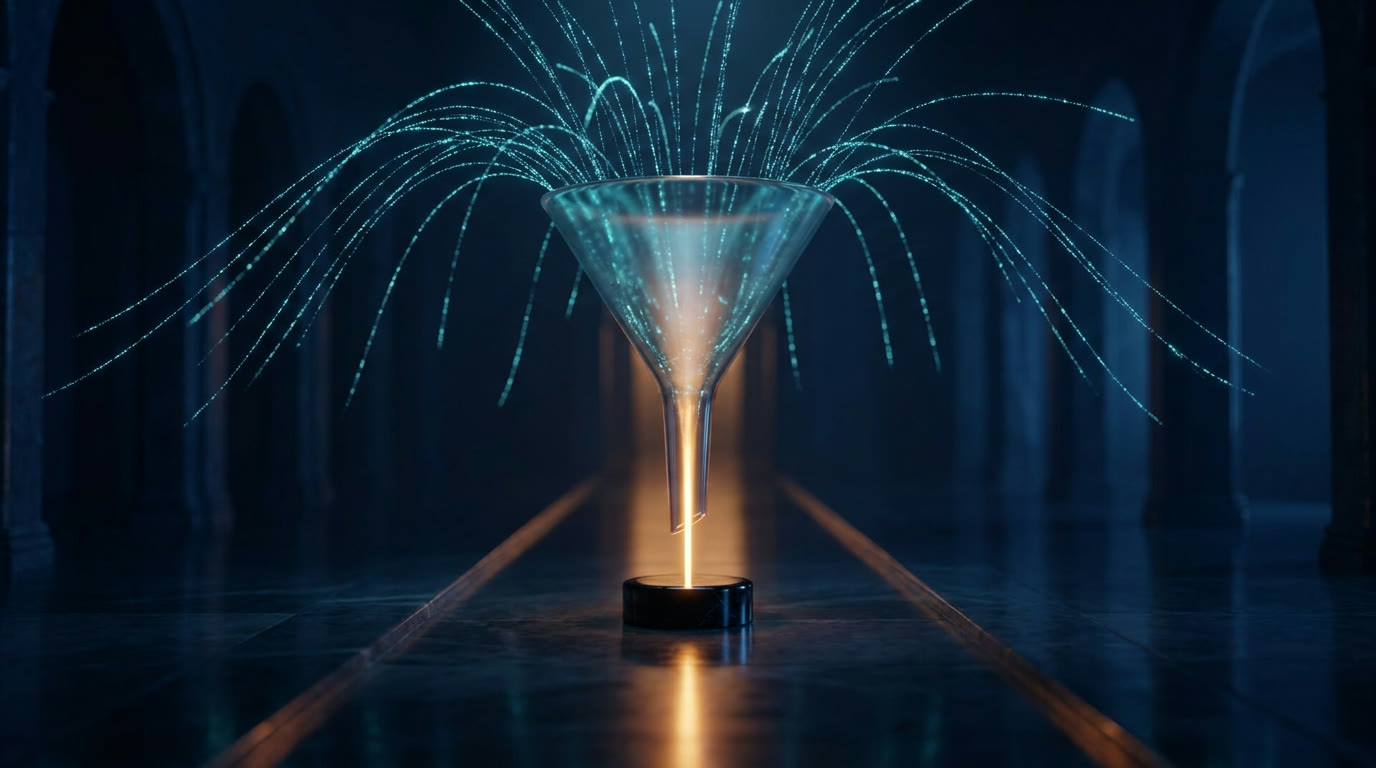 A floating glass funnel receiving streams of cyan light and pouring a single amber beam onto a pedestal in a dark hall, the shape of analytics queries distilled