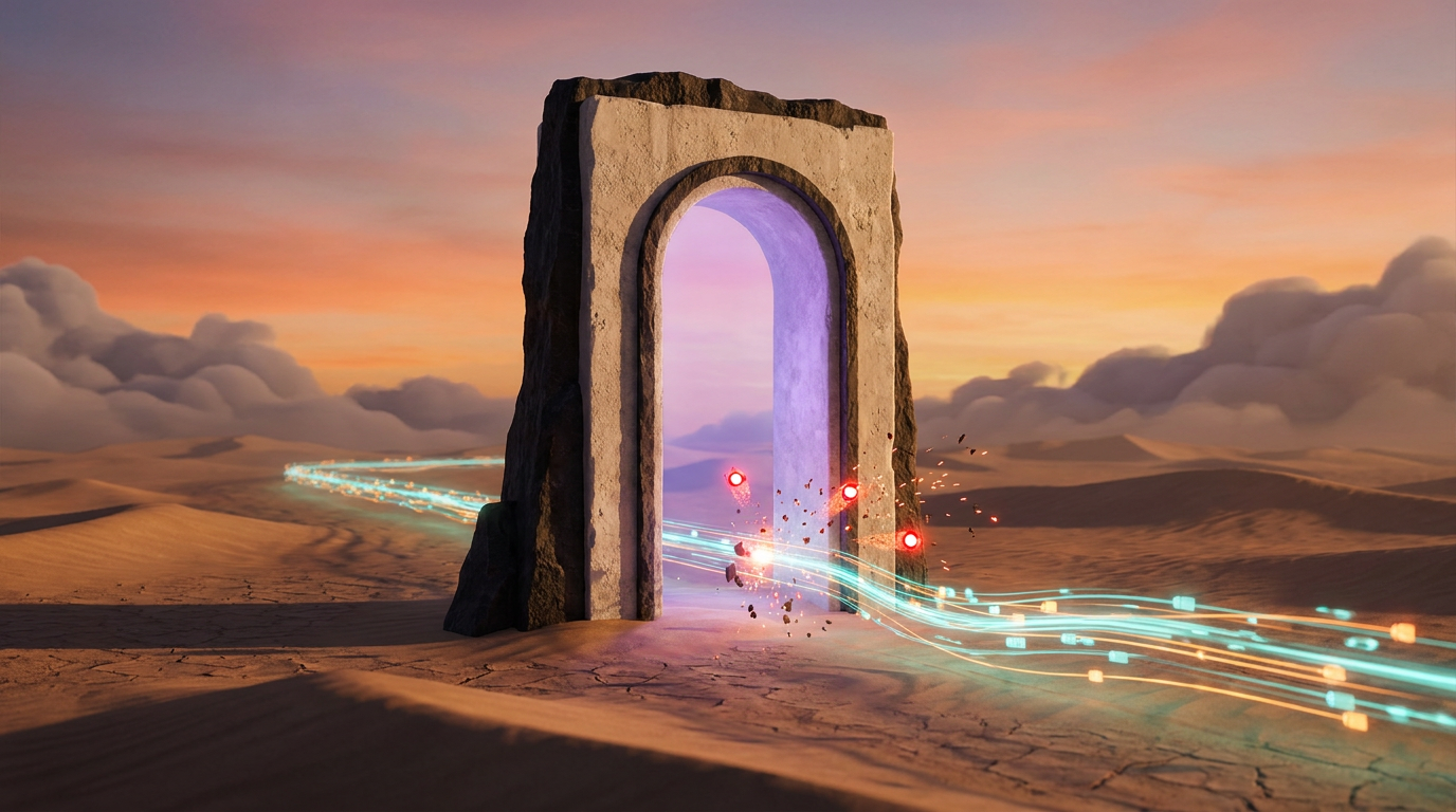 A monumental gateway arch in a desert at dawn with streams of glowing data packets flowing through it and a few red packets deflected at the threshold, illustrating API requests passing through a cloud gateway