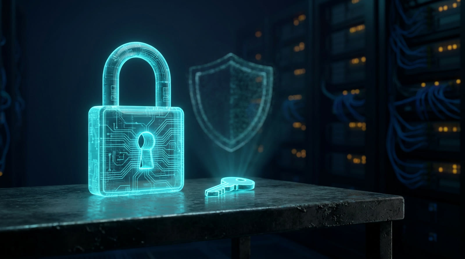 A glowing cyan holographic padlock with a small key and a shield outline on a dark table, blurred amber server rack lights behind