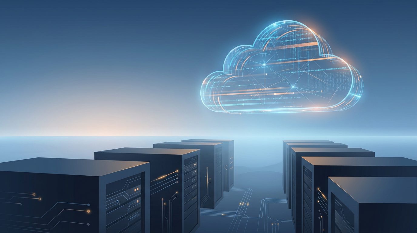Azure datacenter at dawn, with a translucent cloud symbol formed from data streams