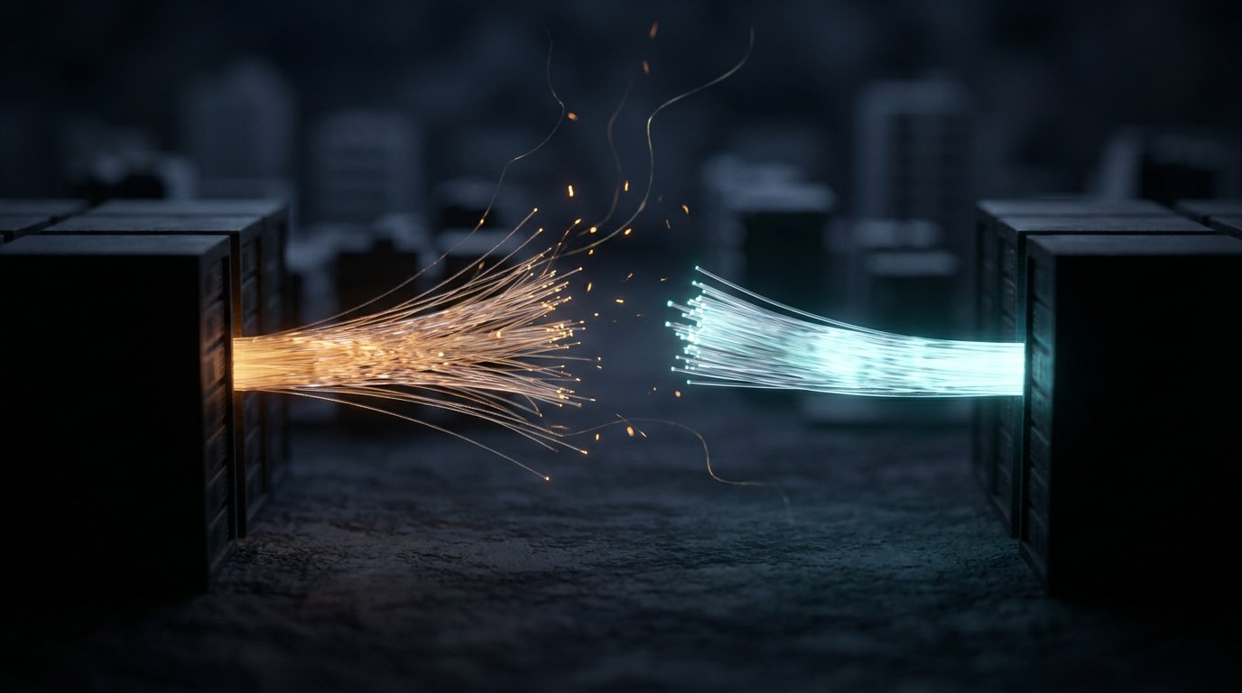 A glowing fiber optic cable severed mid-span between two dark data halls, light bleeding from the cut end