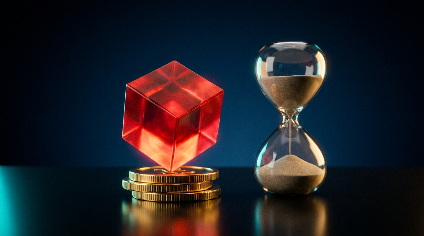 A glowing red cache node cube balanced on golden coins beside a running hourglass, symbolizing cache SLA credits and their claim deadline