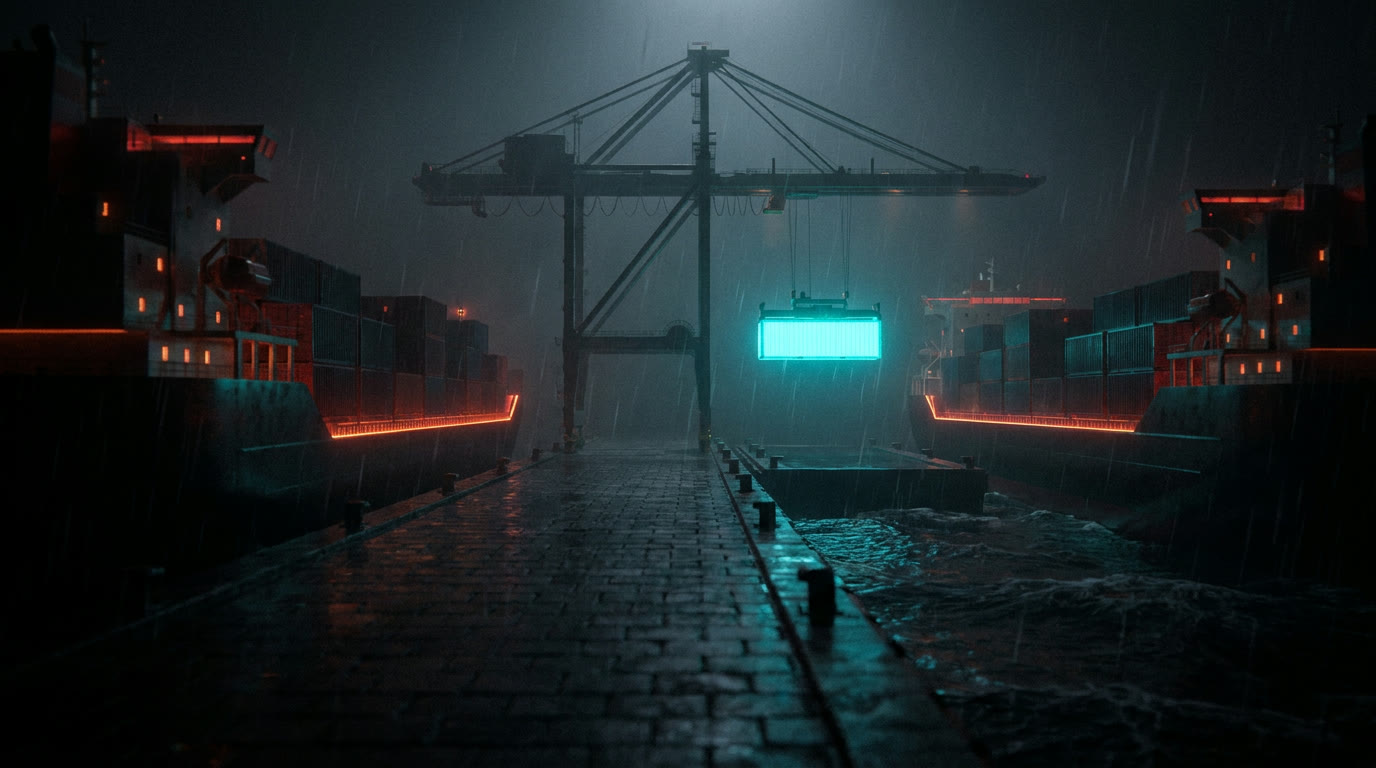 A night harbour with container ships docked and a crane holding a glowing container suspended over an empty berth
