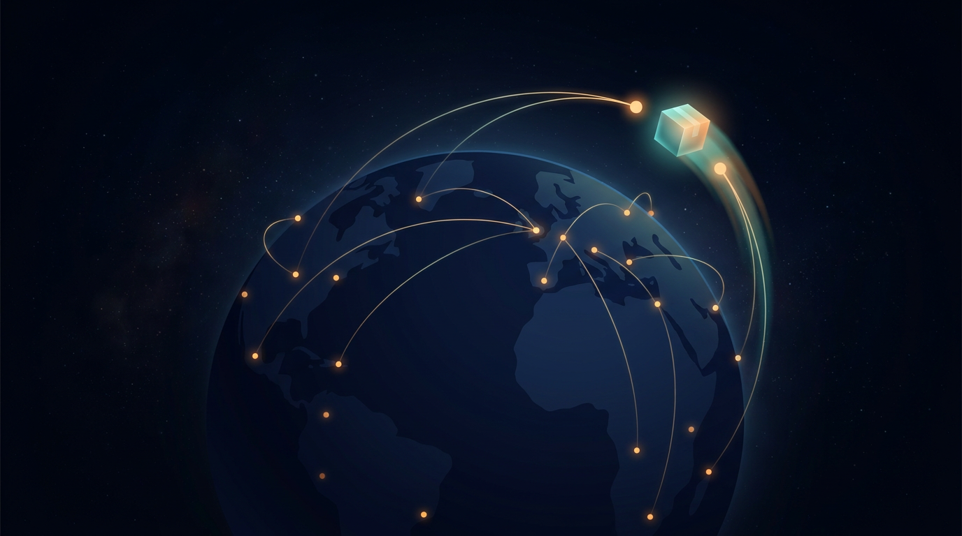 A dark globe dotted with glowing amber edge nodes, a small luminous parcel handed off between two nodes along an arc of light, symbolizing cached content moving across a content delivery network