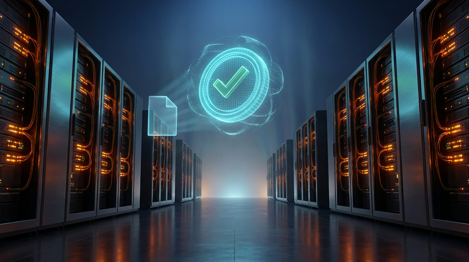 A holographic green checkmark floating over rows of server racks, symbolizing an approved cloud SLA credit claim