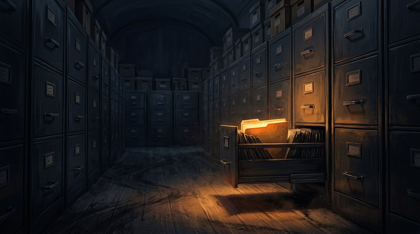 A dark archive room with rows of tall steel filing cabinets, one drawer pulled open on a glowing amber incident report folder