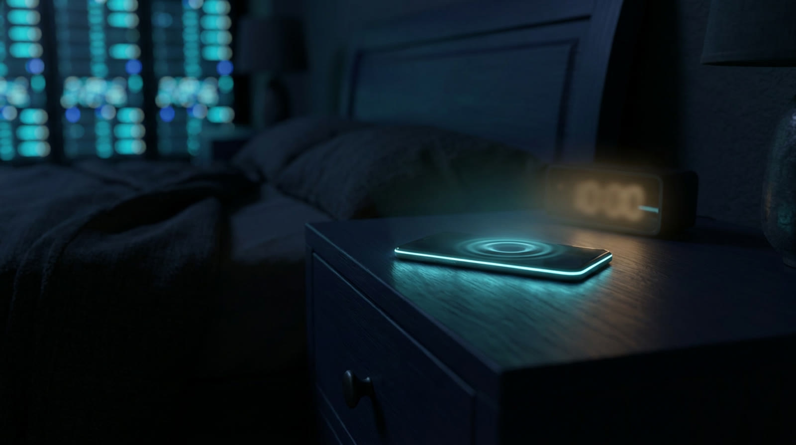 A smartphone glowing cyan on a dark bedside table at night, a ripple of alert light rising from its screen beside a warm alarm clock glow