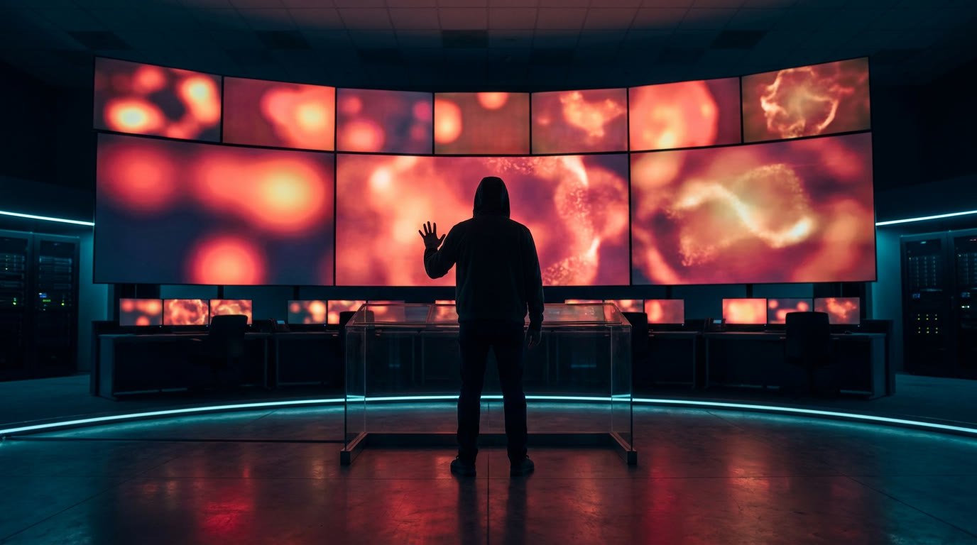 A dark operations room at night, a wall of monitors glowing red with outage alerts and one engineer silhouetted in the foreground