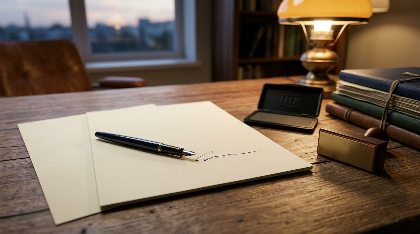 A fountain pen resting on a half-signed cloud contract beside a red stamp and ink pad on a lamplit desk, the mood of a renewal you should not sign on autopilot