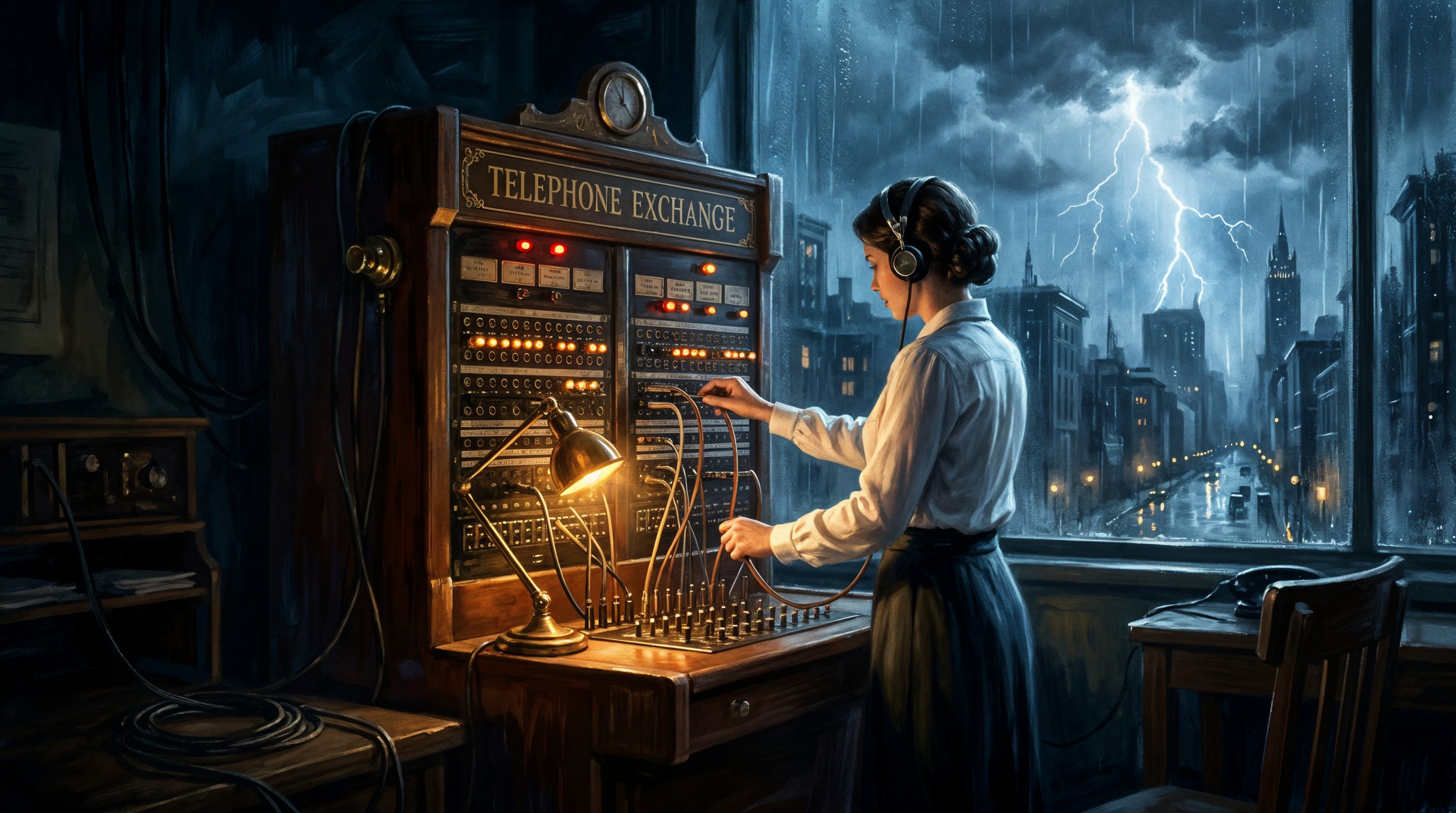 A vintage telephone switchboard in a dark war room at night, an operator plugging cords while a thunderstorm rages outside the window