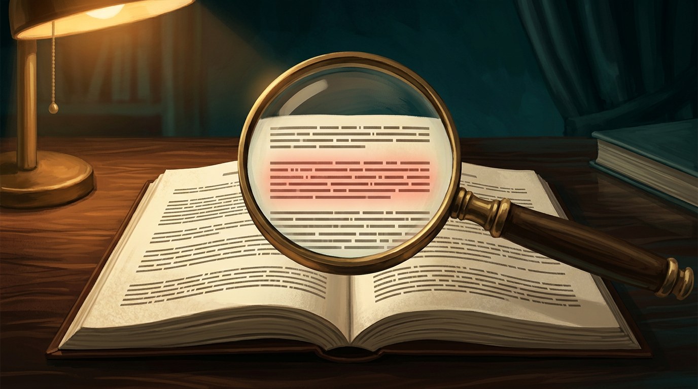 A brass magnifying glass hovering over an open contract dense with fine print, one clause glowing red under the lens