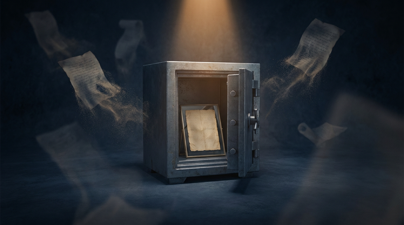 A single intact paper document safe inside an open metal vault while ghostly document silhouettes crumble into sand behind it, lit by one amber beam on a dark navy background