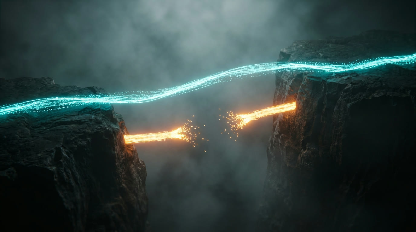 Two parallel bridges of light across a dark chasm, one intact and carrying cyan light, one snapped with amber glow at the break, the two paths of a redundant private link