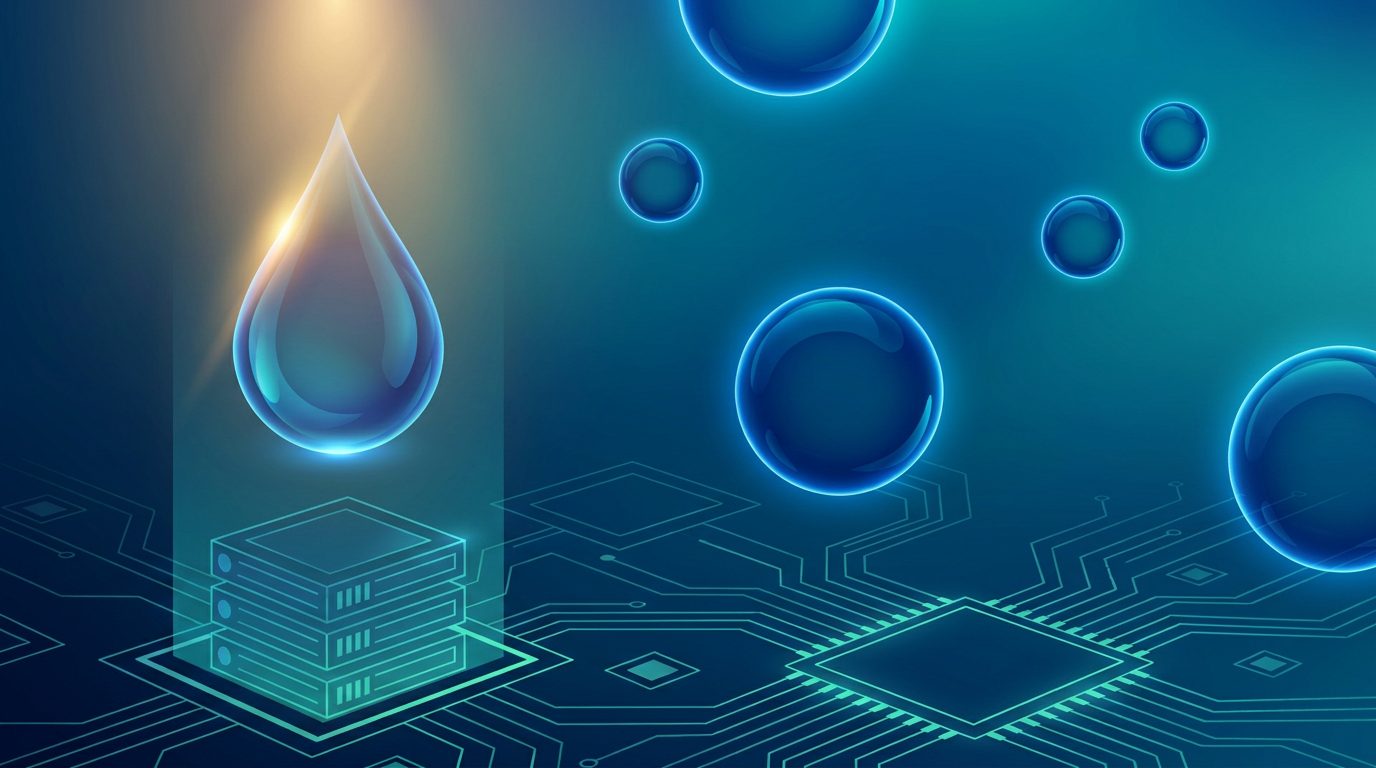 A clean data center aisle with a row of dark server racks in navy and teal, small glossy water droplets floating above them, calm technical mood