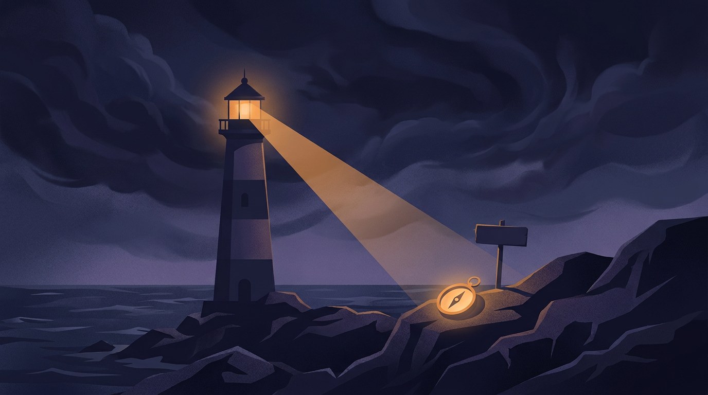 A lighthouse on a rocky shore at dusk, its amber beam cutting through dark storm clouds toward a glowing compass on the rocks