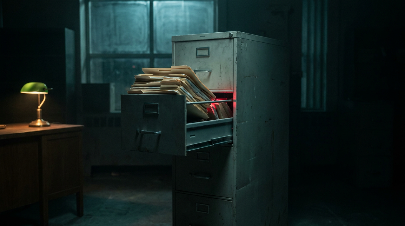 A vintage steel filing cabinet with four drawers in a dark office at night, top drawer jammed half open with manila folders wedged sideways and a thin red warning glow seeping from the gap