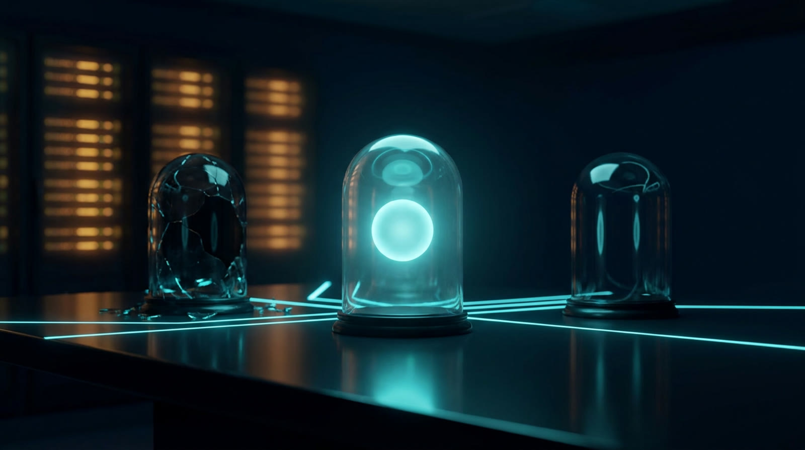 Three glass display domes on a dark table, one holding a glowing cyan sphere, one cracked and empty, one intact and empty, blurred amber server lights behind