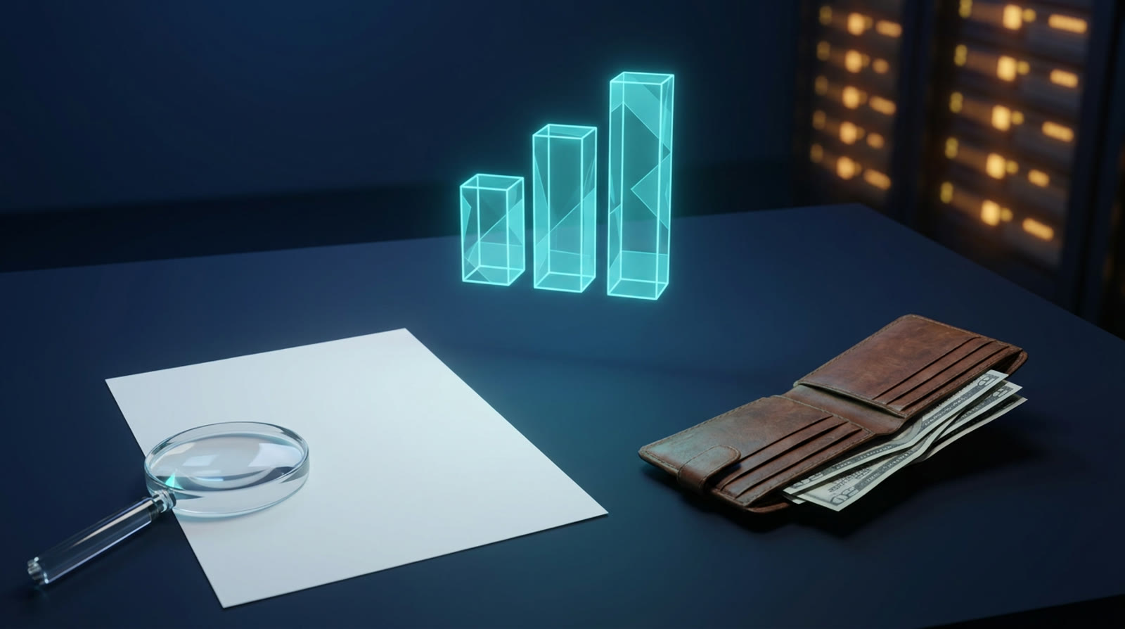 A blank paper document under a magnifying glass beside an open leather wallet, a glowing cyan hologram of three ascending bars floating above a dark desk with blurred server racks behind
