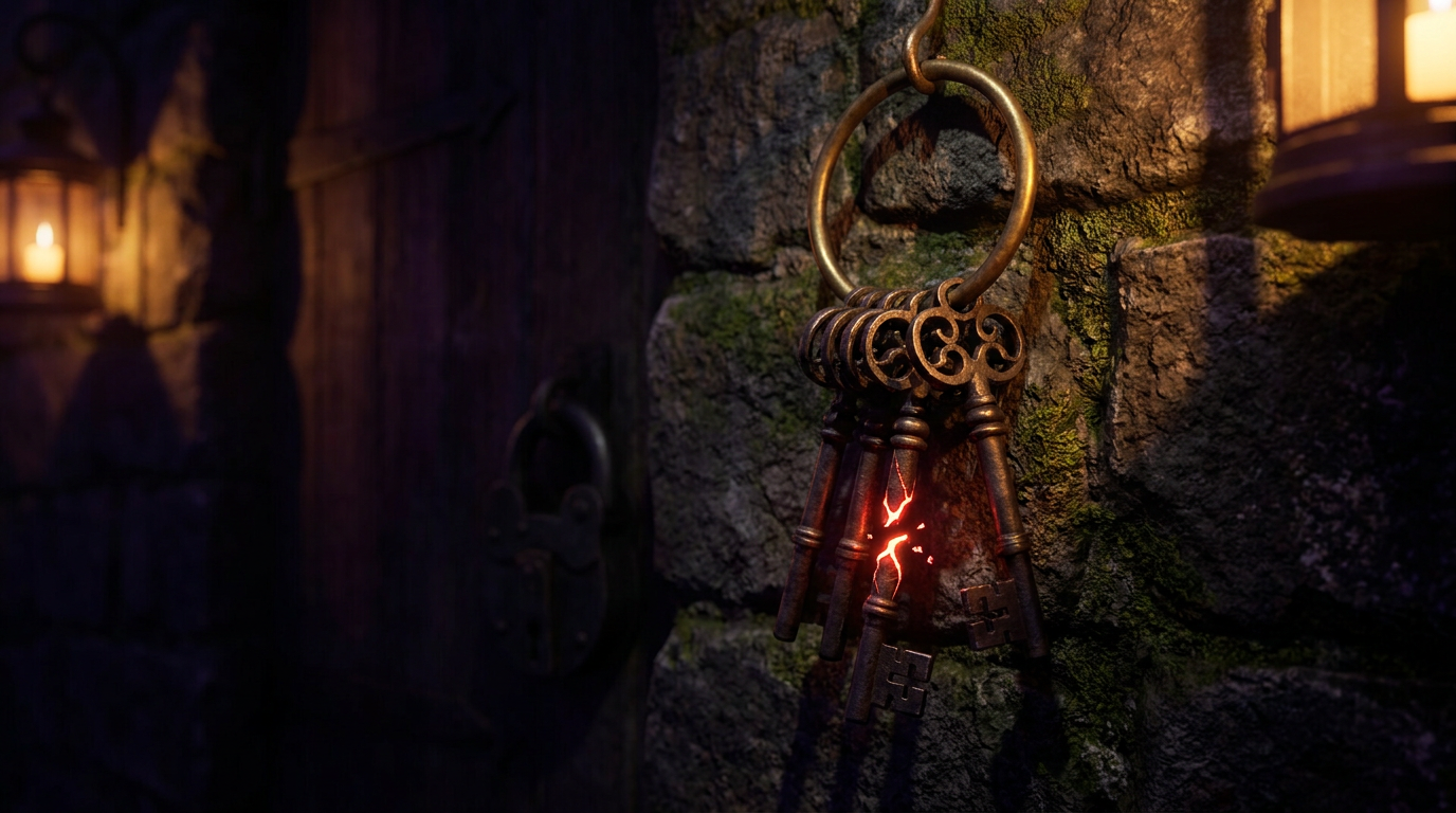 A heavy brass keyring holding large ornate keys, one key snapped in two with a glowing red crack, dark stone wall behind
