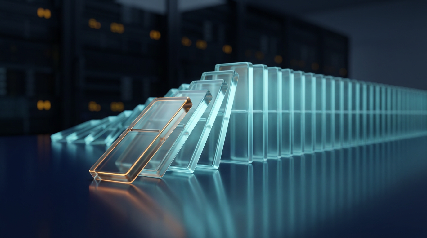 A long row of glass dominoes toppling in one synchronized wave on a dark reflective surface, each tile glowing cyan from within