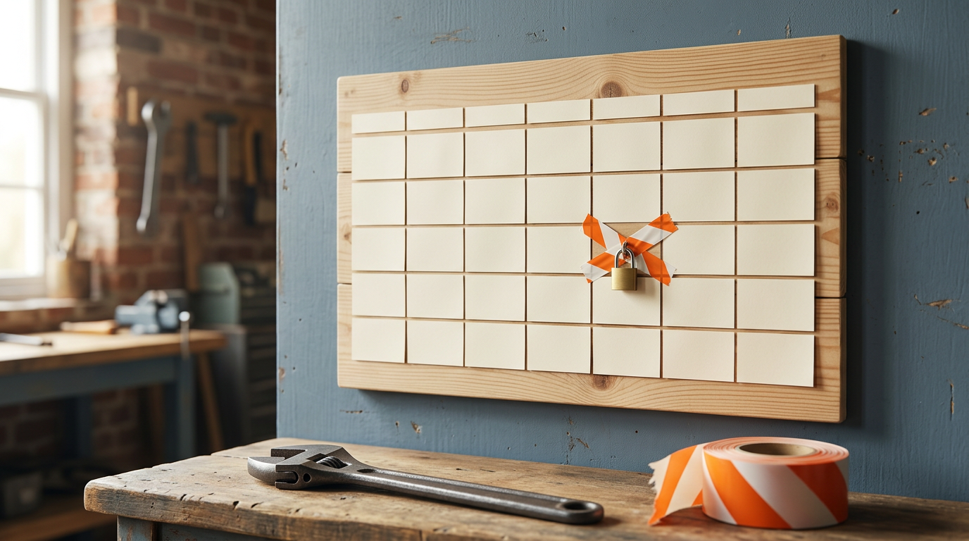 A wooden workshop schedule board with rows of empty cream paper time slots, one slot sealed off with orange striped hazard tape and a small brass padlock, a wrench resting on the bench below, soft window light in slate blue and cream