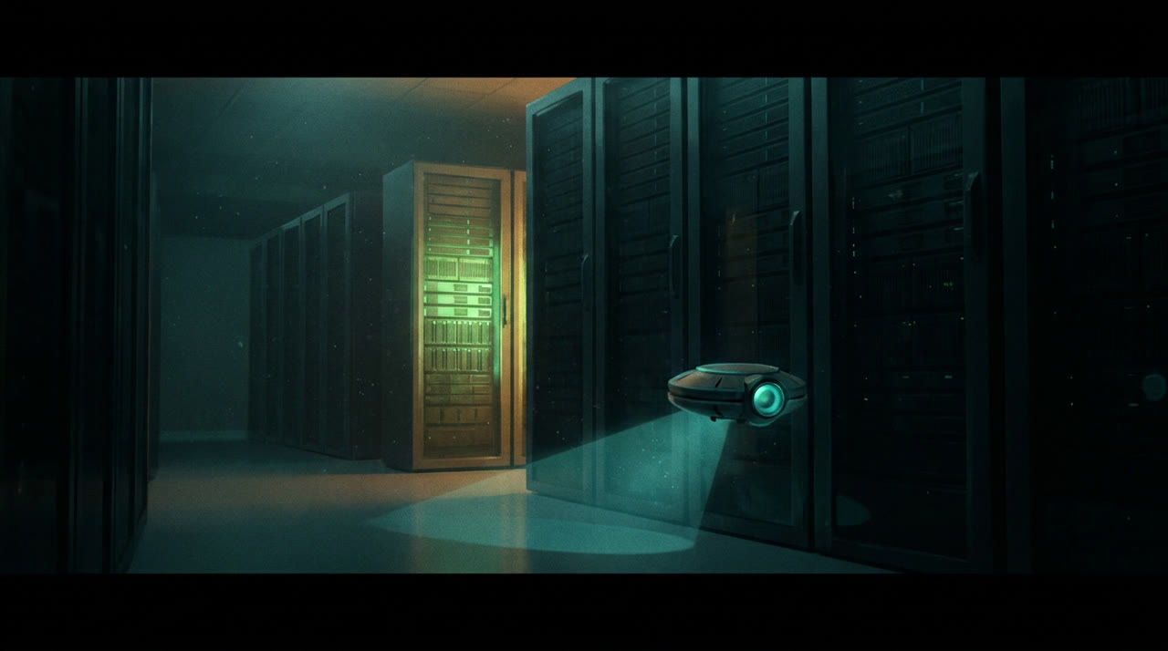 A probe drone scanning dark server racks while one rack glows green, symbolizing measuring outages yourself