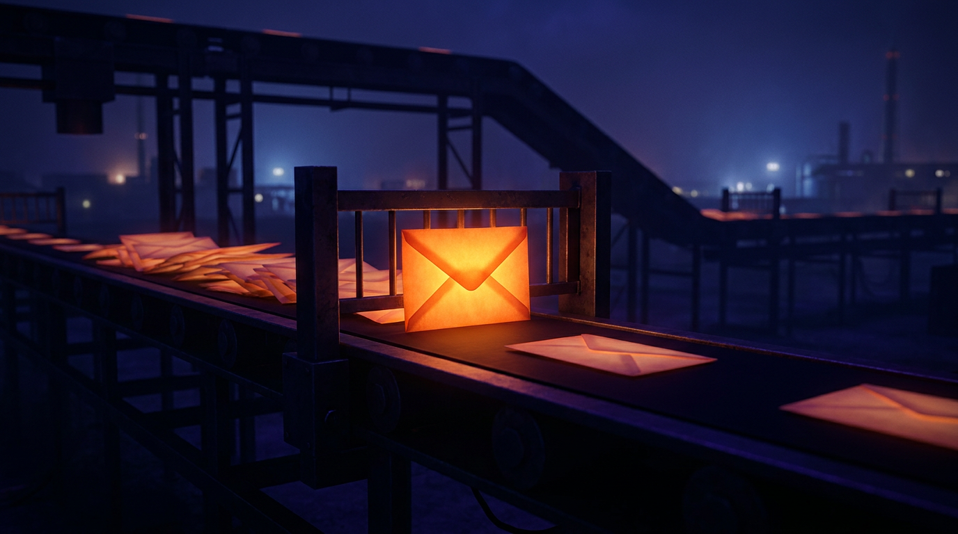 A dark conveyor belt carrying glowing envelopes, the middle one stalled and glowing hot orange while the rest move on, an illustration of a message queue that stays "available" while messages stop