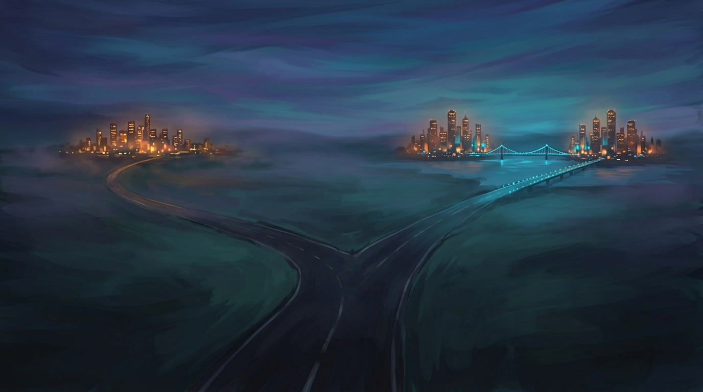 An aerial night view of a road splitting in two: one branch leads to a single glowing city, the other to twin cities connected by a bridge of light