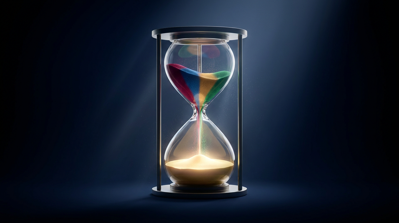 Hourglass with four colored sand streams merging into a single golden bowl, the uptime math behind four NoSQL databases