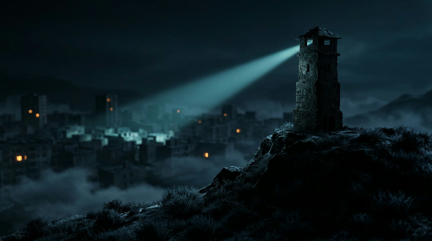 A watchtower sweeping a beam of light over a dark city at night, the observability platform watching everything below