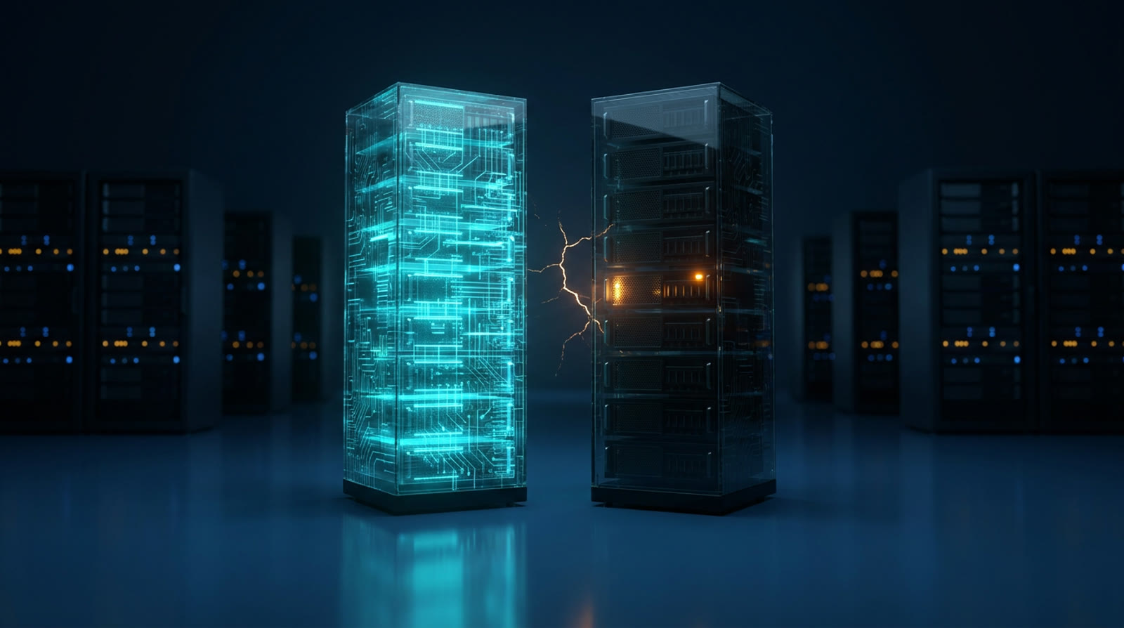 Two glass server towers on a dark reflective floor, one glowing cyan inside and the other dark, a thin electric arc between them, blurred amber rack lights behind