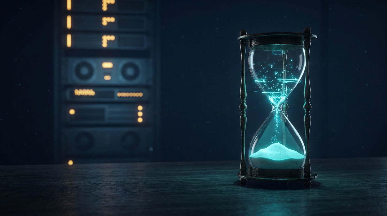 A glowing cyan hourglass on a dark desk, sand running low, with a blurred amber-lit server rack in the background