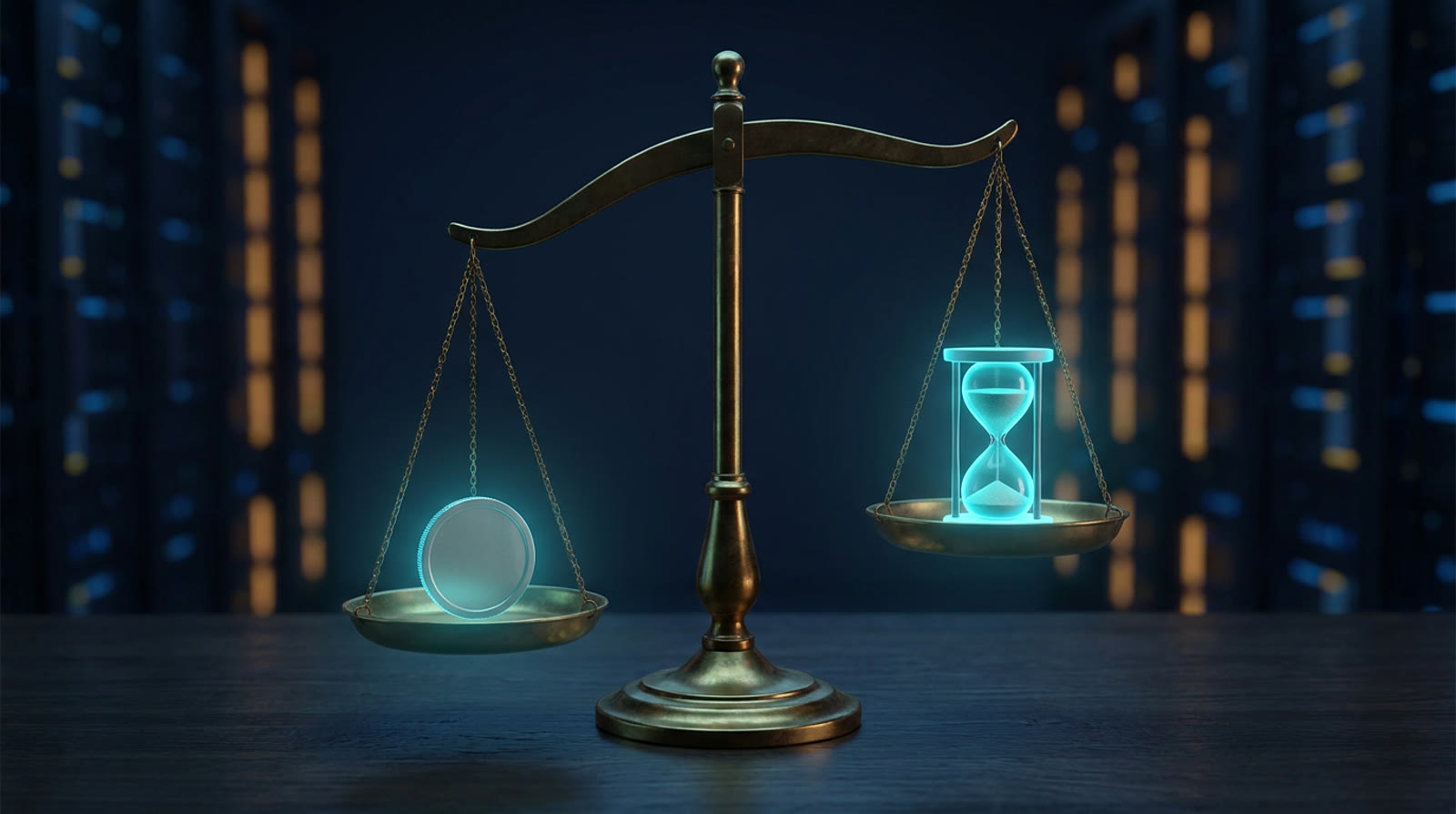 A brass balance scale on a dark desk, one pan holding a plain glowing coin and the other a small glowing hourglass, blurred amber server lights behind