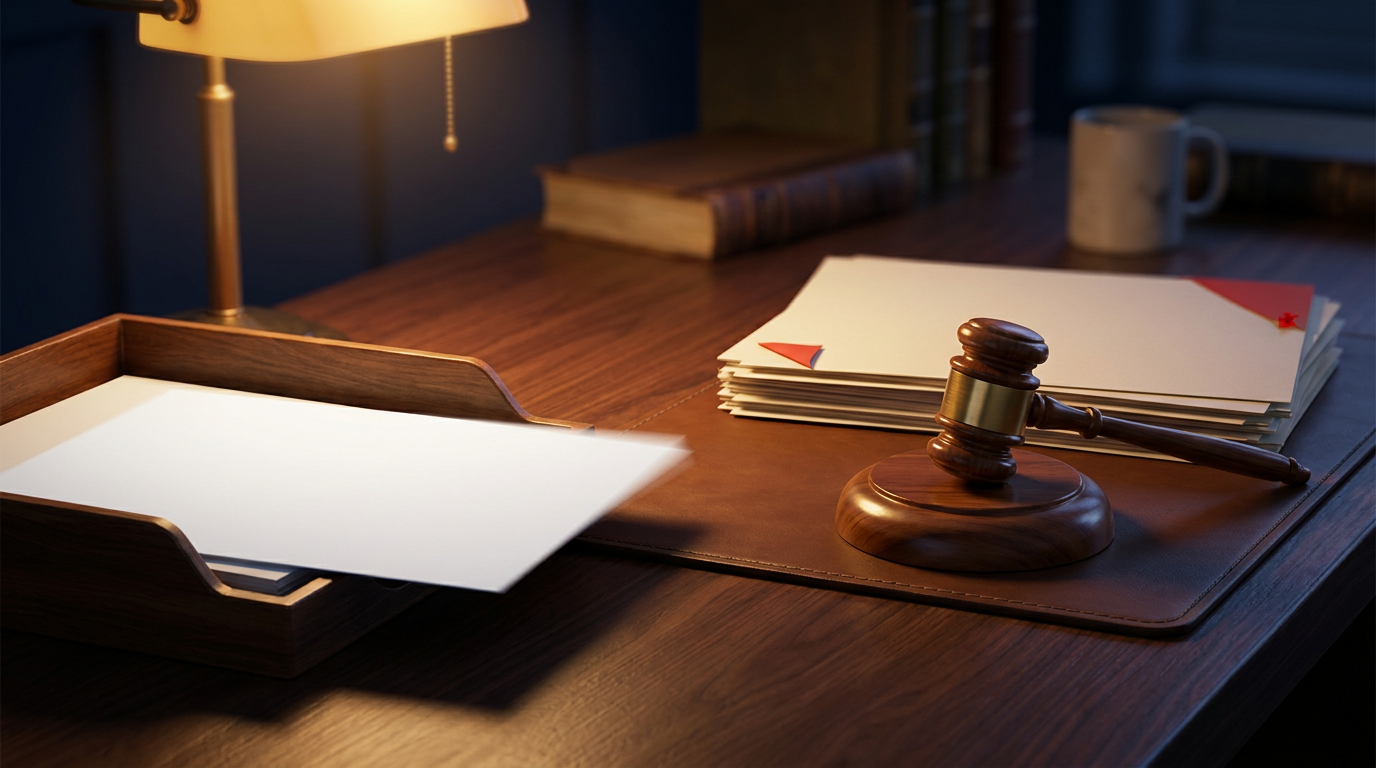 A gavel resting on a desk beside a stack of rejected documents and a fresh sheet sliding into an outbox, the second chance after a denied SLA claim
