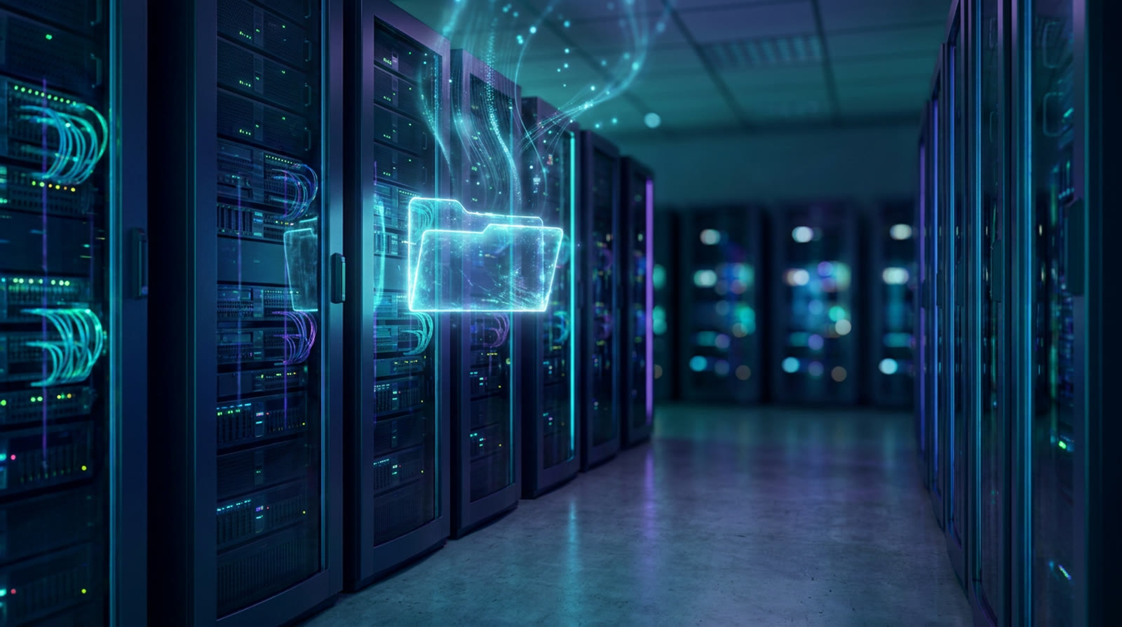 A dark data center aisle, a glowing translucent evidence folder of light floating above the racks with light trails rising like log lines