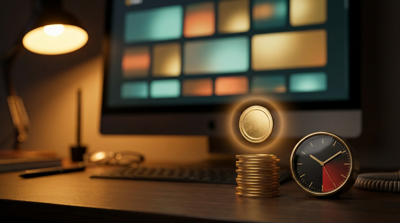 A stack of gold coins on a dark desk at evening, one coin hovering above the stack in a warm glow, an abstract grid of client account cards on a monitor behind, an analog clock showing a deadline in the corner