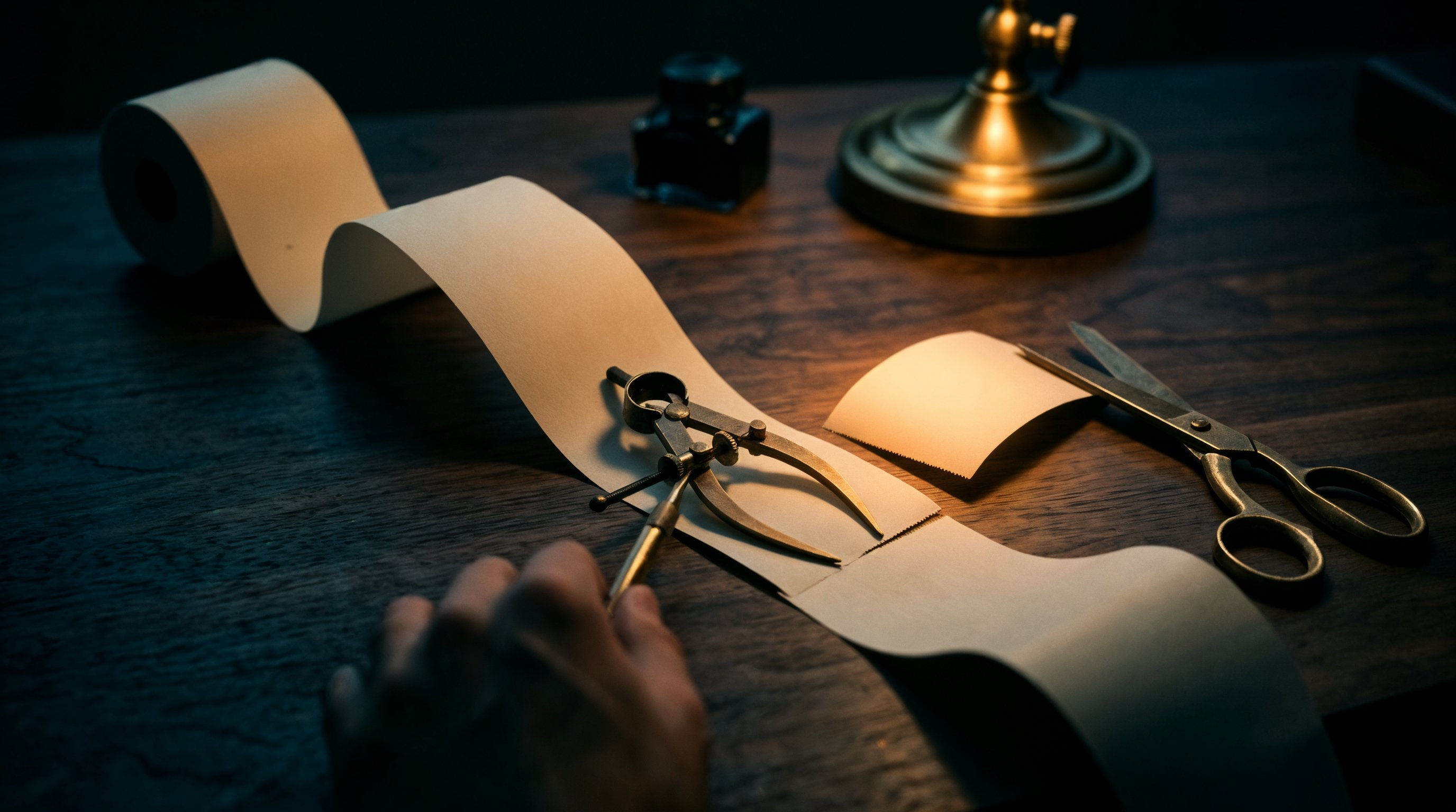 A paper receipt on a dark desk measured by a brass caliper, a small cut segment floating free and glowing amber, the rest dimmed