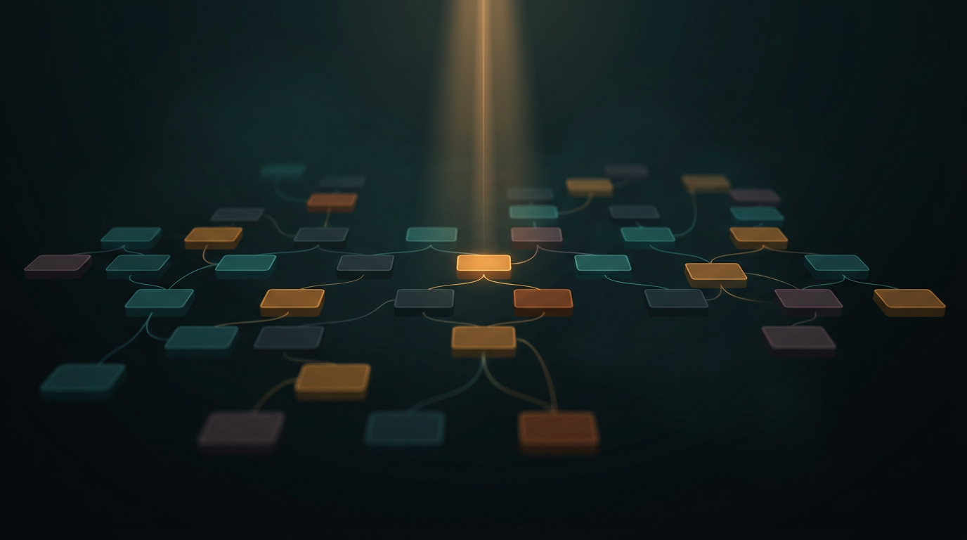 A branching tree of account boxes with a single beam of light landing on one box, showing which account receives a cloud SLA credit