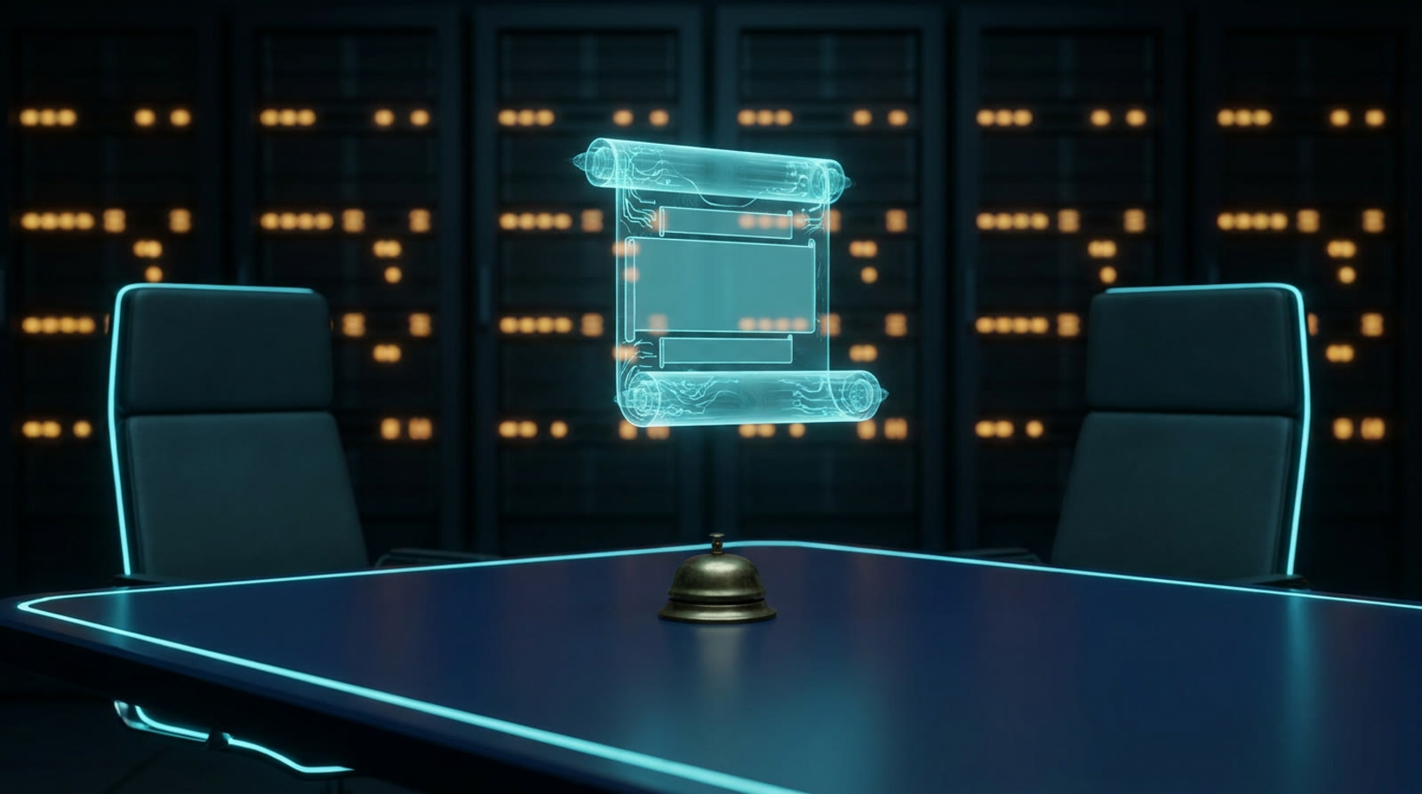 Two chairs facing each other across a dark conference table with a glowing cyan holographic scroll floating between them and a small brass bell, blurred server rack lights behind