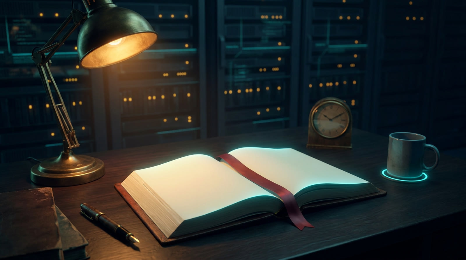 An open book with blank glowing pages and a red ribbon bookmark under a brass desk lamp, server racks glowing faintly in the dark background