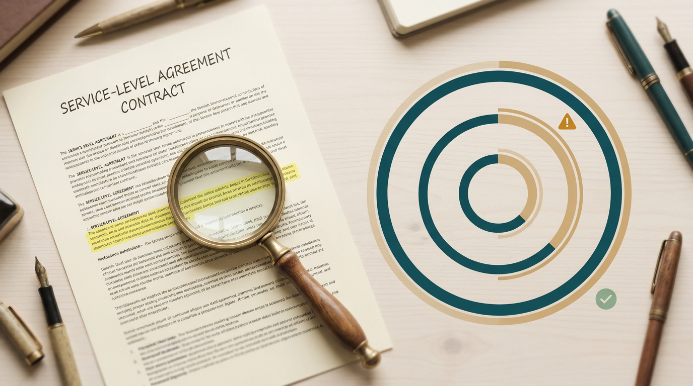 A service-level agreement contract on a desk, a magnifying glass over a clause, and three nested measurement rings beside it