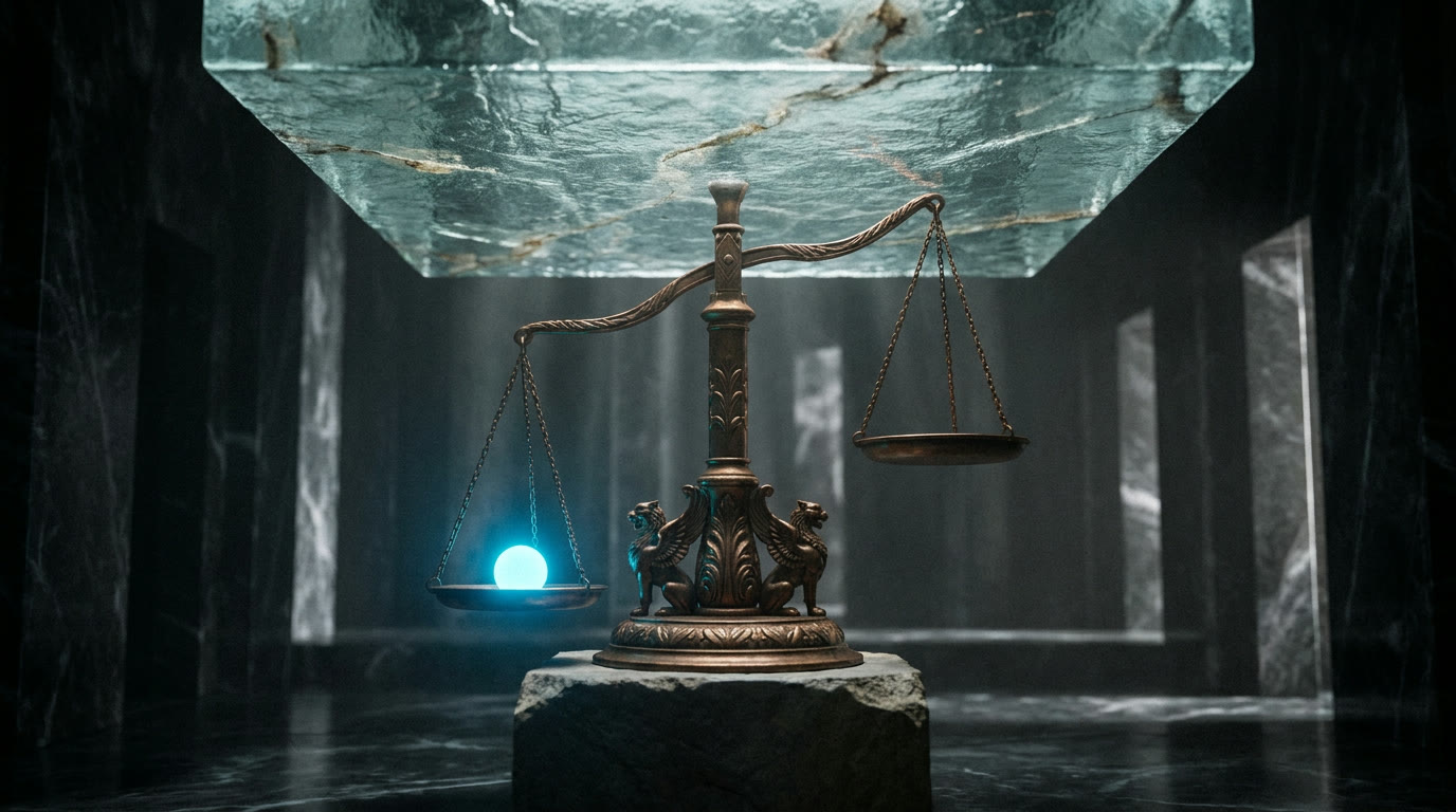 A bronze balance scale beneath a low glass ceiling slab that stops it from tipping, a single glowing orb on one pan, the remedy clause capping what a claim can ever pay