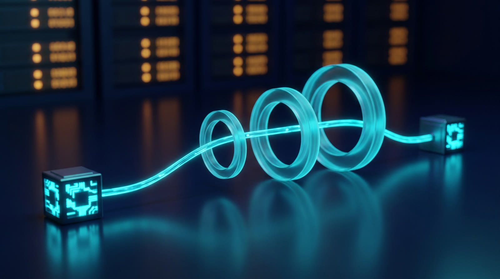 A glowing cyan light path running between two small server cubes through three glowing rings, on a dark reflective surface with blurred amber rack lights behind