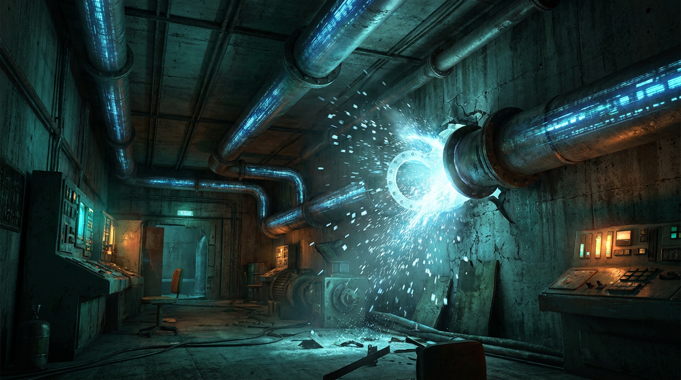 A long steel pipe system carrying glowing blue streams of data, one section burst at a joint with light leaking out, dark industrial setting