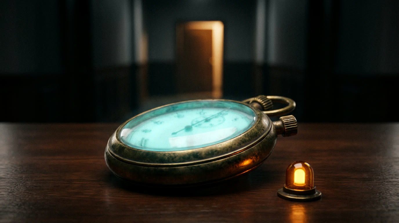 An antique stopwatch with a glowing dial on a dark table, a warm-lit doorway blurred in the background