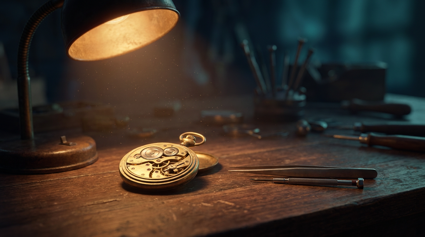A watchmaker's bench at night, a pocket watch opened with brass gears exposed under a warm lamp, fine tweezers resting beside it, symbolizing the precision difference between 99.9% and 99.99% uptime