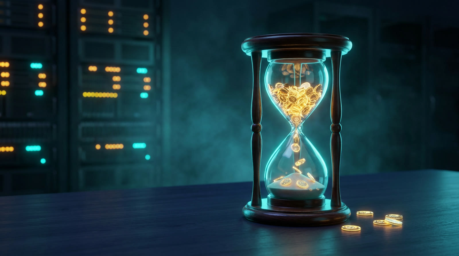 A wooden hourglass on a dark desk, its upper bulb filled with glowing golden coins instead of sand, a few coins scattered beside it, blurred server rack lights behind
