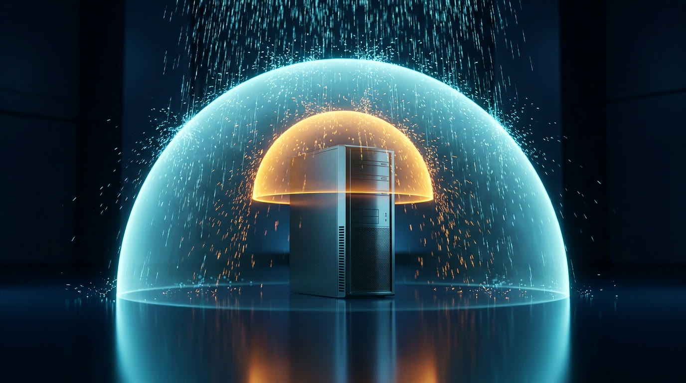 A single dark server tower under two nested domes of light, a wide cyan one and a small amber one, the two uptime promises covering one cloud VM