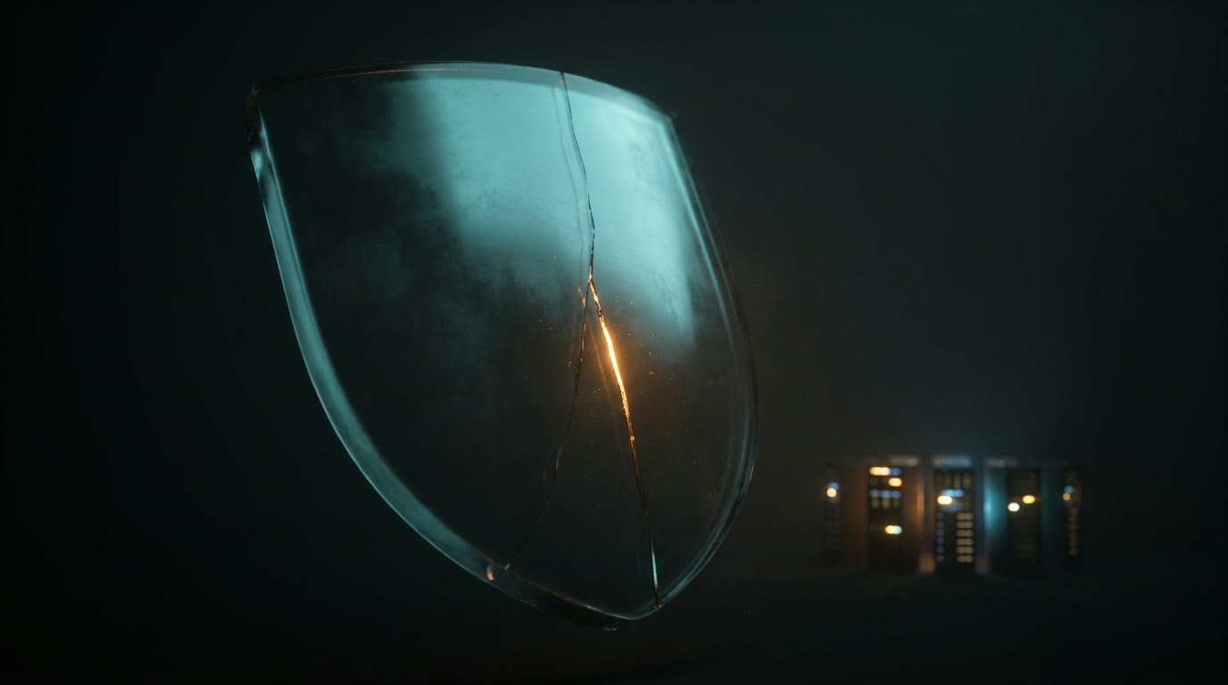 A cracked glass shield hovering in front of glowing servers, a thin amber streak leaking through the crack while the rest of the shield holds